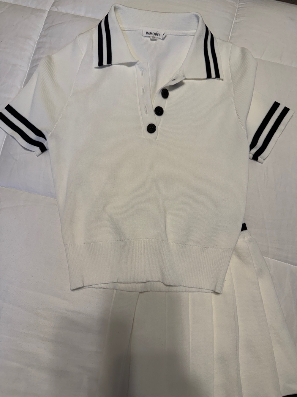 Trendy White Knit Polo Top & Pleated Mini Skirt Set with Black Stripes - Picture 8 of 11